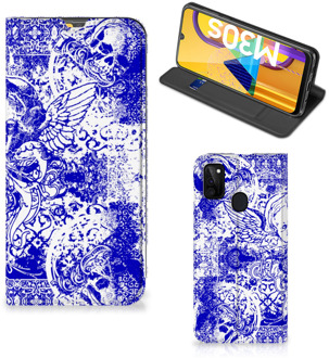 B2Ctelecom Smartphone Hoesje Samsung Galaxy M21 Book Style Case Angel Skull Blue