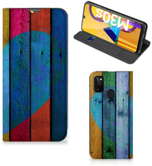 B2Ctelecom Smartphone Hoesje Samsung Galaxy M21 Mobiel Bookcase Wood Heart