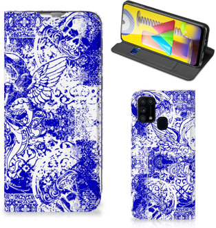 B2Ctelecom Smartphone Hoesje Samsung Galaxy M31 Book Style Case Angel Skull Blue