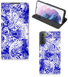 B2Ctelecom Smartphone Hoesje Samsung Galaxy S21 Plus Book Style Case Angel Skull Blue