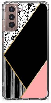 B2Ctelecom Smartphone hoesje Samsung Galaxy S21 Plus TPU Silicone Hoesje met transparante rand Black Pink Shapes