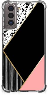 B2Ctelecom Smartphone hoesje Samsung Galaxy S21 TPU Silicone Hoesje met transparante rand Black Pink Shapes