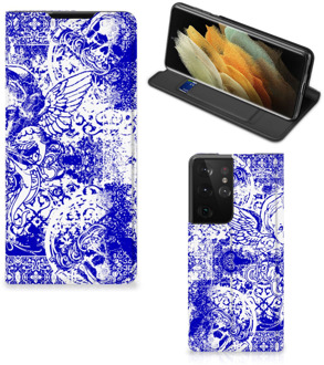 B2Ctelecom Smartphone Hoesje Samsung Galaxy S21 Ultra Book Style Case Angel Skull Blue