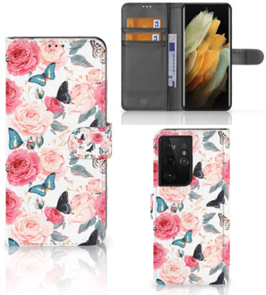 B2Ctelecom Smartphone Hoesje Samsung Galaxy S21 Ultra Flipcase Cadeautjes voor Moederdag Butterfly Roses