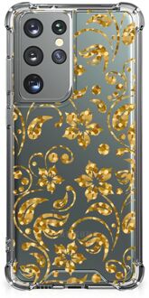 B2Ctelecom Smartphone hoesje Samsung Galaxy S21 Ultra Hoesje Bumper met transparante rand Gouden Bloemen