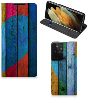 B2Ctelecom Smartphone Hoesje Samsung Galaxy S21 Ultra Mobiel Bookcase Wood Heart