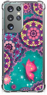 B2Ctelecom Smartphone hoesje Samsung Galaxy S21 Ultra Silicone Hoesje met transparante rand Cirkels en Vlinders