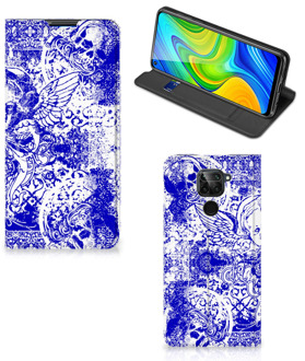 B2Ctelecom Smartphone Hoesje Xiaomi Redmi Note 9 Book Style Case Angel Skull Blue