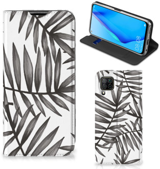 B2Ctelecom Stand Case Huawei P40 Lite Hoesje met Tekst Leaves Grey