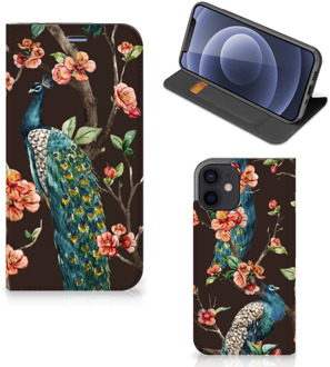 B2Ctelecom Stand Case iPhone 12 Mini Telefoonhoesje Pauw met Bloemen