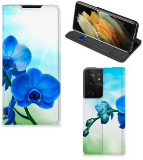 B2Ctelecom Stand Case met foto Samsung Galaxy S21 Ultra Telefoonhoesje Orchidee Blauw