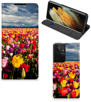 B2Ctelecom Stand Case Moederdag Cadeau Samsung Galaxy S21 Ultra Telefoonhoesje met foto Tulpen