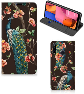 B2Ctelecom Stand Case Samsung Galaxy A20s Telefoonhoesje Pauw met Bloemen