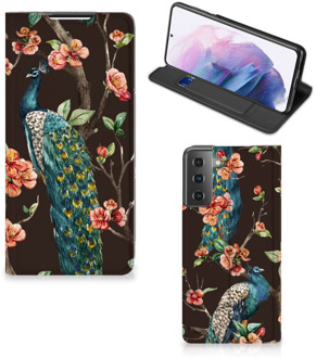 B2Ctelecom Stand Case Samsung Galaxy S21 Plus Telefoonhoesje Pauw met Bloemen