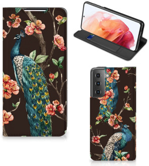 B2Ctelecom Stand Case Samsung Galaxy S21 Telefoonhoesje Pauw met Bloemen