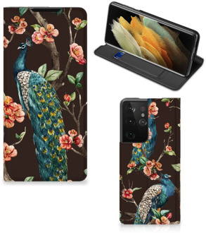 B2Ctelecom Stand Case Samsung Galaxy S21 Ultra Telefoonhoesje Pauw met Bloemen