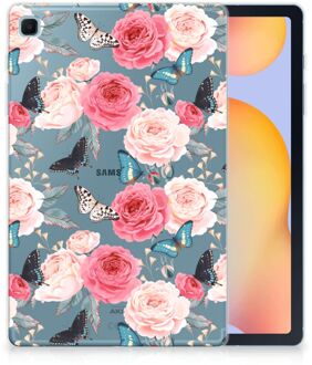 B2Ctelecom Tablethoesje met Naam Samsung Galaxy Tab S6 Lite Hoes Butterfly Roses met doorzichte zijkanten