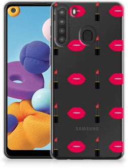 B2Ctelecom Telefoon Hoesje Samsung Galaxy A21 Silicone Hoesje Doorzichtig Lipstick Kiss