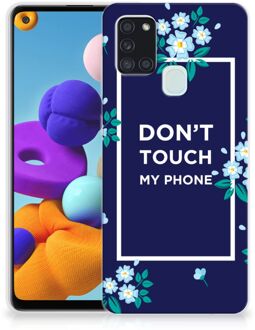 B2Ctelecom Telefoon Hoesje Samsung Galaxy A21s Leuk TPU Back Case Flowers Blue Don't Touch My Phone