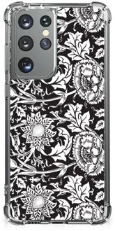 B2Ctelecom Telefoon Hoesje Samsung Galaxy S21 Ultra Back Case Siliconen Hoesje met transparante rand Zwart Bloemen