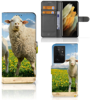 B2Ctelecom Telefoon Hoesje Samsung Galaxy S21 Ultra Wallet Book Case met foto Schaap en Lammetje