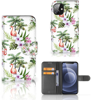 B2Ctelecom Telefoonhoesje Apple iPhone 12 Mini Flip Hoesje met naam Flamingo Palms