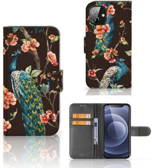 B2Ctelecom Telefoonhoesje Apple iPhone 12 Mini Flipcase Cover Pauw met Bloemen