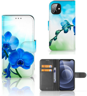 B2Ctelecom Telefoonhoesje Apple iPhone 12 Mini Wallet Book Case met foto Orchidee Blauw Valentijn Cadeautje Vrouw