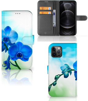 B2Ctelecom Telefoonhoesje Apple iPhone 12 Pro Max Wallet Book Case met foto Orchidee Blauw Valentijn Cadeautje Vrouw