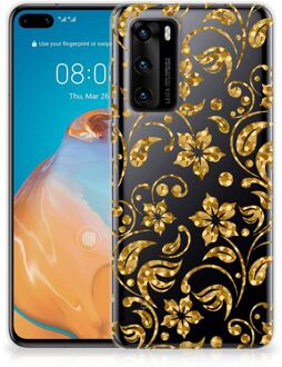 B2Ctelecom Telefoonhoesje Huawei P40 Back Cover Siliconen Hoesje Gouden Bloemen