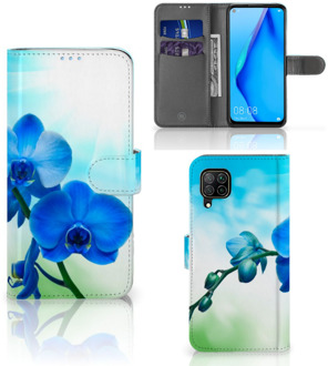 B2Ctelecom Telefoonhoesje Huawei P40 Lite Wallet Case met foto Orchidee Blauw Valentijn Cadeautje Vrouw