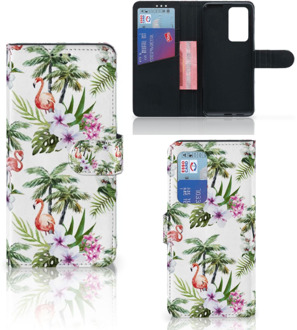 B2Ctelecom Telefoonhoesje Huawei P40 Pro Flip Hoesje met naam Flamingo Palms