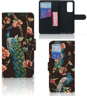 B2Ctelecom Telefoonhoesje Huawei P40 Pro Flipcase Cover Pauw met Bloemen