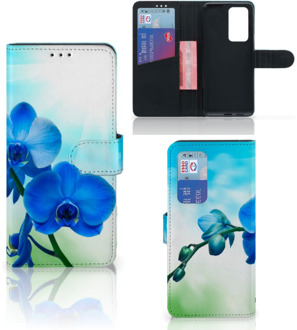 B2Ctelecom Telefoonhoesje Huawei P40 Pro Wallet Case met foto Orchidee Blauw Valentijn Cadeautje Vrouw