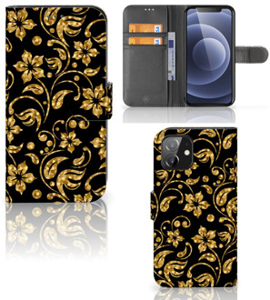 B2Ctelecom Telefoonhoesje iPhone 12 | 12 Pro (6.1") Bookcase Cadeau voor Oma Gouden Bloemen