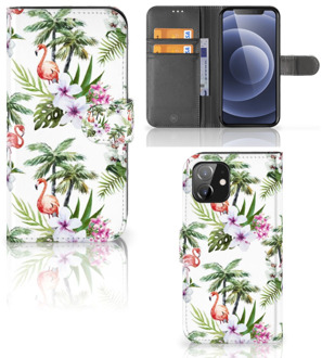 B2Ctelecom Telefoonhoesje iPhone 12 | 12 Pro (6.1") Flip Hoesje met naam Flamingo Palms