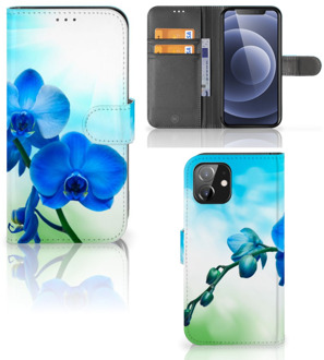 B2Ctelecom Telefoonhoesje iPhone 12 | 12 Pro (6.1") Wallet Book Case met foto Orchidee Blauw Valentijn Cadeautje Vrouw