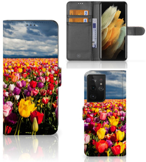 B2Ctelecom Telefoonhoesje met Tekst Samsung Galaxy S21 Ultra Wallet Book Case Moederdag Cadeau Tulpen