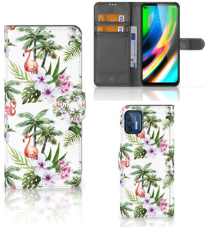 B2Ctelecom Telefoonhoesje Motorola Moto G9 Plus Flip Hoesje met naam Flamingo Palms