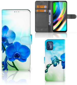 B2Ctelecom Telefoonhoesje Motorola Moto G9 Plus Wallet Book Case met foto Orchidee Blauw Valentijn Cadeautje Vrouw