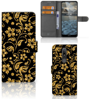 B2Ctelecom Telefoonhoesje Nokia 2.4 Bookcase Cadeau voor Oma Gouden Bloemen