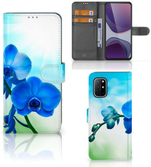 B2Ctelecom Telefoonhoesje OnePlus 8T Wallet Book Case met foto Orchidee Blauw Valentijn Cadeautje Vrouw