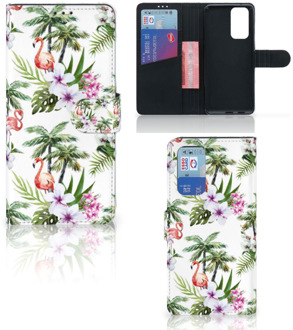 B2Ctelecom Telefoonhoesje OnePlus 9 Pro Flip Hoesje met naam Flamingo Palms