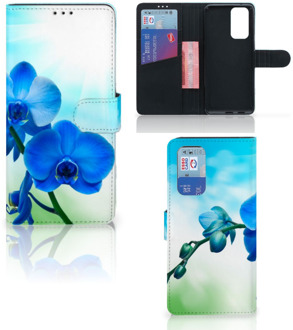 B2Ctelecom Telefoonhoesje OnePlus 9 Pro Wallet Book Case met foto Orchidee Blauw Valentijn Cadeautje Vrouw