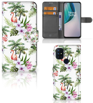 B2Ctelecom Telefoonhoesje OnePlus Nord N10 Flip Hoesje met naam Flamingo Palms