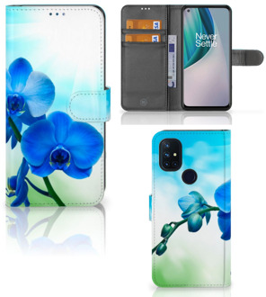 B2Ctelecom Telefoonhoesje OnePlus Nord N10 Wallet Book Case met foto Orchidee Blauw Valentijn Cadeautje Vrouw