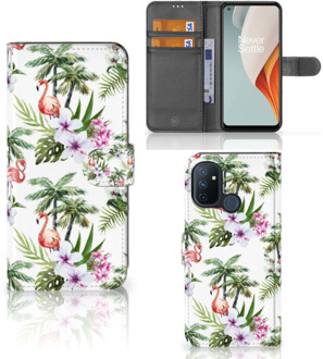 B2Ctelecom Telefoonhoesje OnePlus Nord N100 Flip Hoesje met naam Flamingo Palms