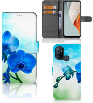 B2Ctelecom Telefoonhoesje OnePlus Nord N100 Wallet Book Case met foto Orchidee Blauw Valentijn Cadeautje Vrouw