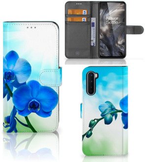 B2Ctelecom Telefoonhoesje OnePlus Nord Wallet Book Case met foto Orchidee Blauw Valentijn Cadeautje Vrouw