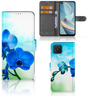 B2Ctelecom Telefoonhoesje OPPO Reno4 Z Wallet Book Case met foto Orchidee Blauw Valentijn Cadeautje Vrouw